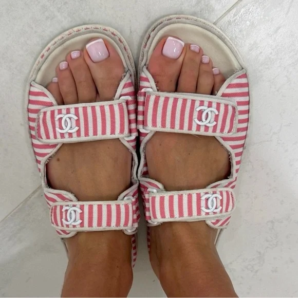 Chanel Printed Calfskin Velcro Dad Flat Mules Sandals Red Stripe 38 EU / 8 US - Picture 10 of 10